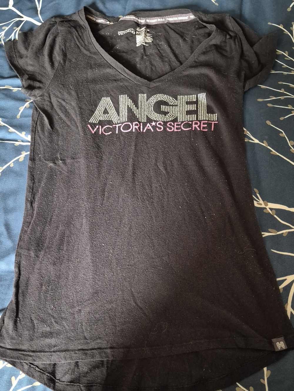 Victoria's Secret Black V-Neck Tee with 'ANGEL' Rhinestones and Pink Logo